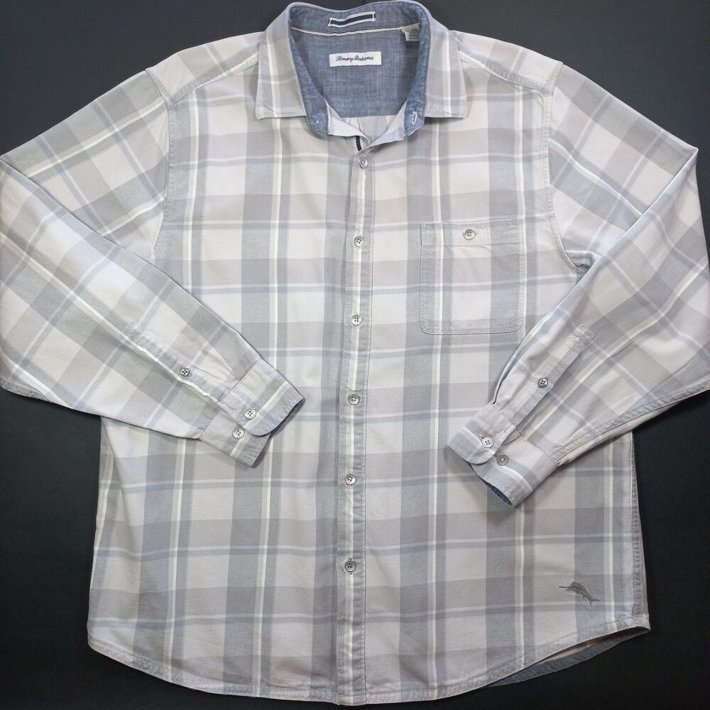 Tommy Bahama Flannel Shirt Mens XL Gray White Plaid Tencel Cotton Long Sleeve